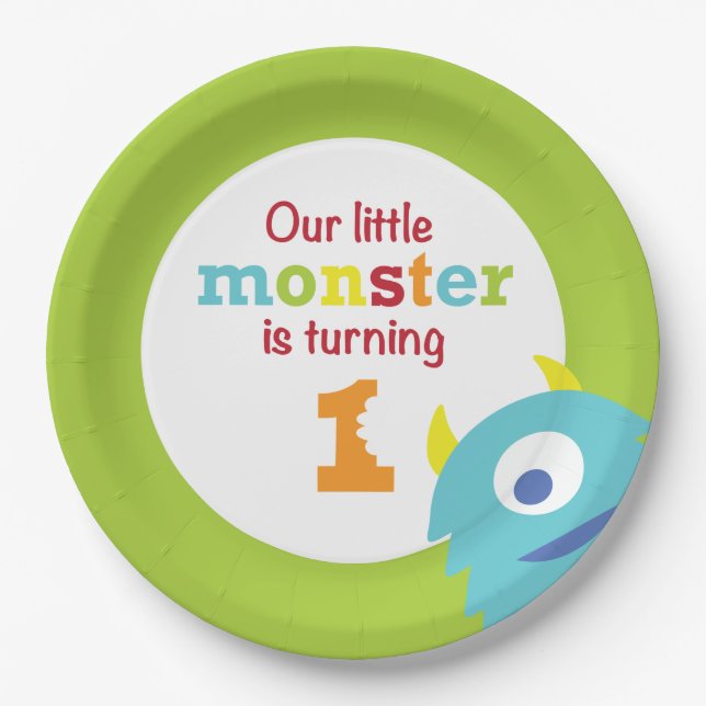 Prato De Papel Verde azul do primeiro aniversario pequeno do (Frente)