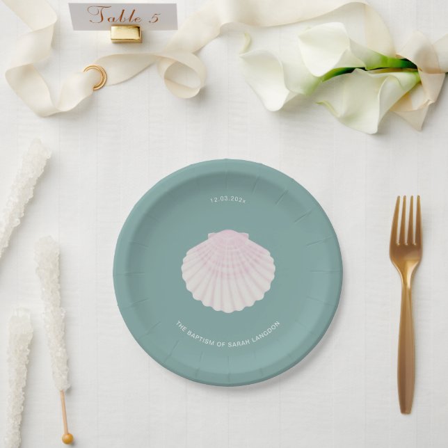 Prato de papel verde batismo batizado Pink shell (Casamento)