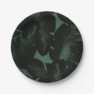 Prato De Papel Verde e Preto Chic Folhas Tropicais Casamento