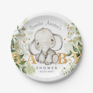 Prato De Papel Verde-Elefante chá de fraldas