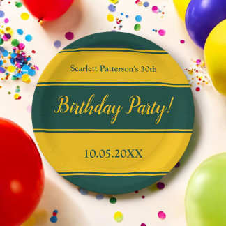 Prato De Papel Verde Elegante E Dourado Strips Moderno Aniversári