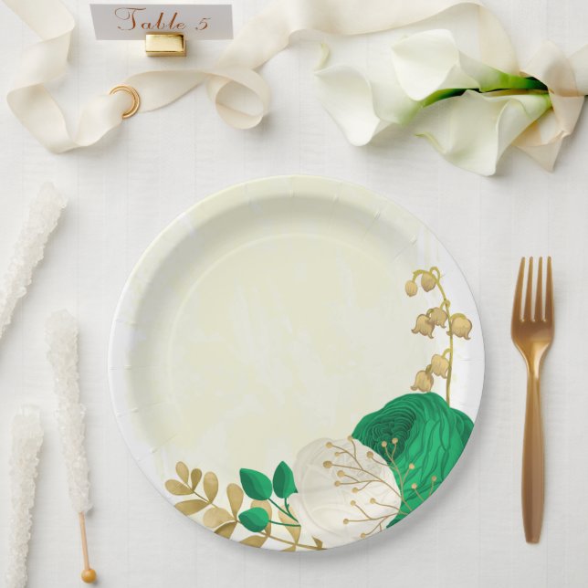 Prato De Papel Verde-esmeralda romântico e flores brancas dourada (Casamento)