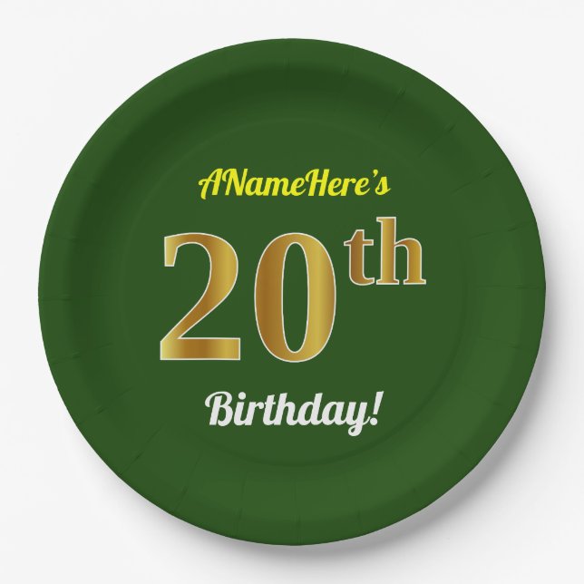 Prato De Papel Verde, Faux Dourado 20 Aniversário + Nome Personal (Frente)