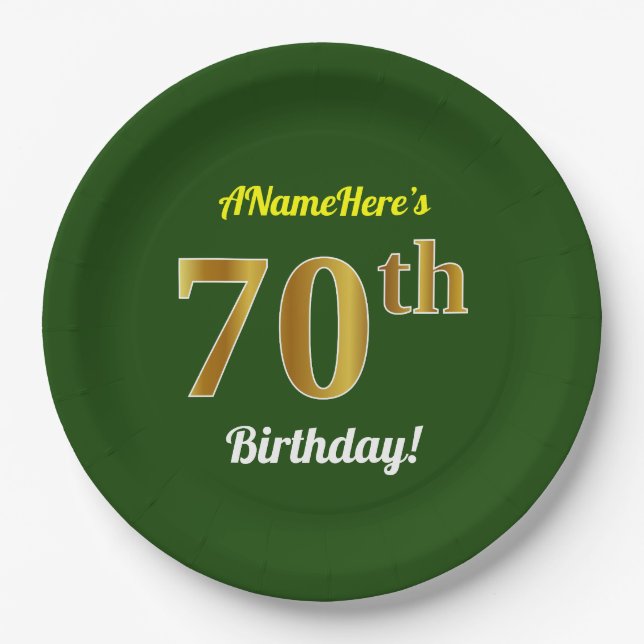 Prato De Papel Verde, Faux Dourado 70 Aniversário + Nome Personal (Frente)