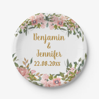 Prato De Papel Verde-Flor Rosa Elegante e Casamento de Ouro