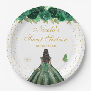 Prato De Papel Verde Floral Princesa de Pele Morena Sweet Sixteen