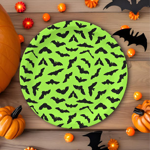 Prato De Papel Verde limão Bat Patterno Halloween