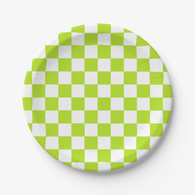 Prato De Papel Verde limão e branco verificados (Frente)