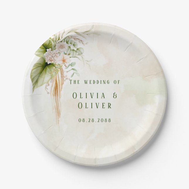 Prato De Papel Verde-Oliva Elegante e Casamento Dourado (Frente)