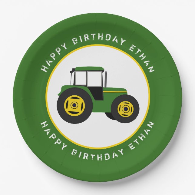 Prato De Papel Verde Trator - Aniversário Personalizado (Frente)