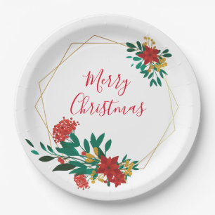 Prato De Papel Verde Vermelho Moderno e Dourado Natal Floral
