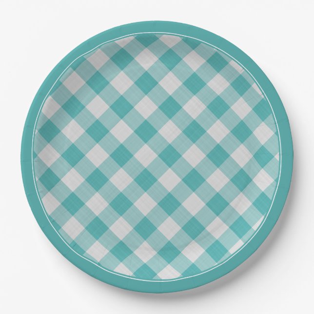 Prato De Papel Verificação de Gingham Branco/Teal Xadrez Simples  (Frente)