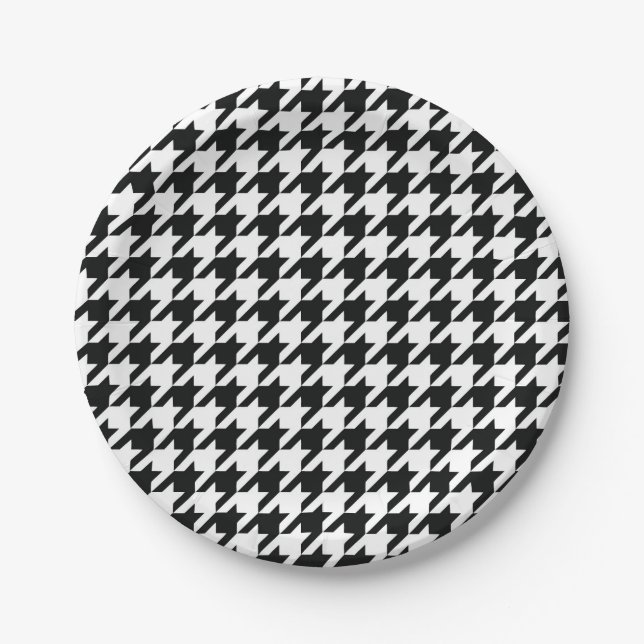 Prato De Papel Verificação de houndstooth Clássico Branco Preto (Frente)