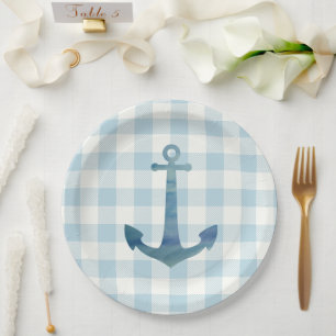 Prato De Papel Verificação Náutica de Gingham Azul-Náutico Anchor