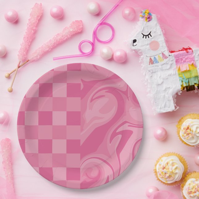 Prato De Papel Verificações e espirais - Rosa (Festa)