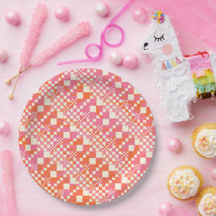 Prato De Papel Verificado, Verificações - Rosa, Laranja e Creme