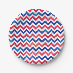 Prato De Papel Vermelho Azul Patriótico Chevron Zig Stripes
