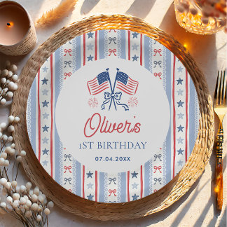 Prato De Papel Vermelho, Branco & Azul Aniversário de 1 ano no 4