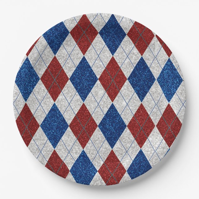 Prato De Papel Vermelho, Branco & Azul Argyle 4 de Julho Brilho (Frente)