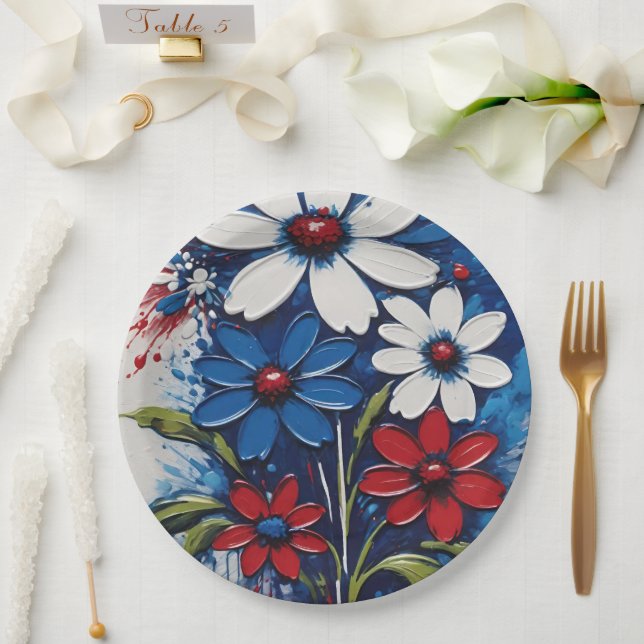 Prato De Papel Vermelho Branco E Azul Disias Floral (Casamento)