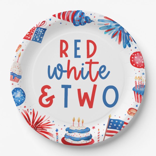 Prato De Papel Vermelho, Branco e Dois Festa do segundo aniversár (Frente)