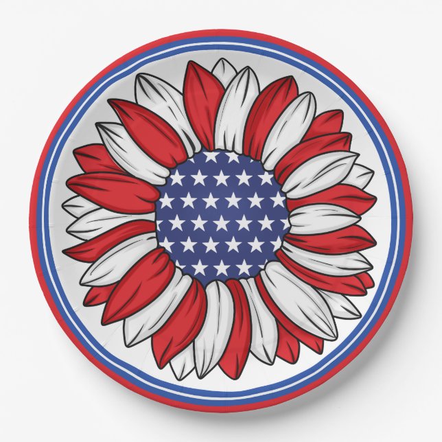 Prato De Papel Vermelho, branco, girassol patriótico azul (Frente)