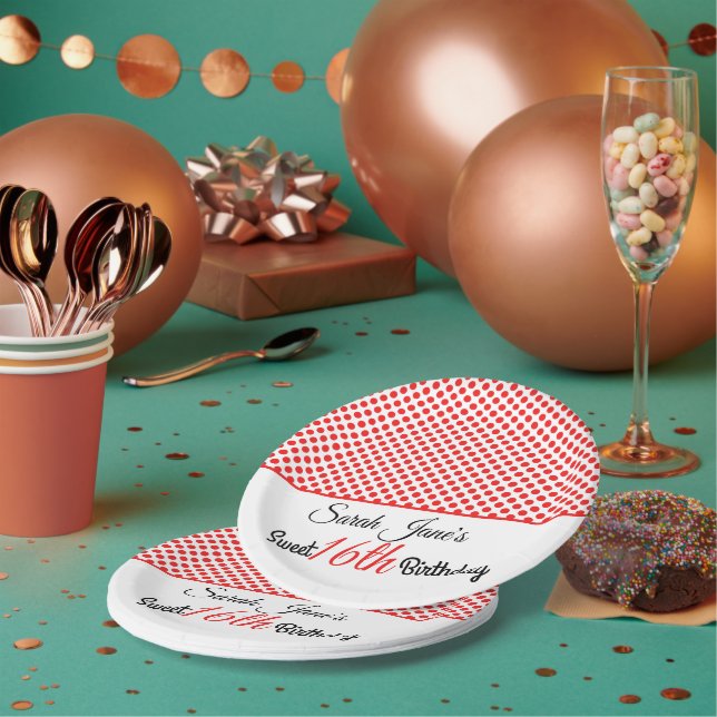 Prato De Papel Vermelho Clássico de Bolinhas Doces 16 Aniversário (Múltiplo)