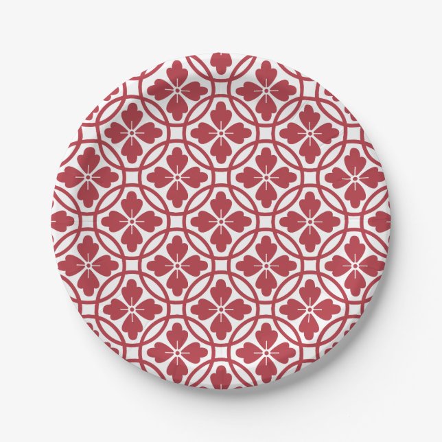 Prato de papel vermelho e branco com padrão geomét (Frente)