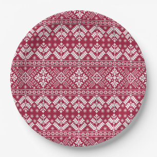 Prato De Papel Vermelho e Branco Floco de Neve e Floral Fair Isle