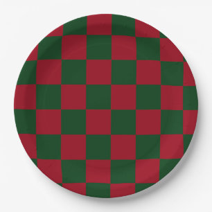 Prato De Papel Vermelho e Verde Clássico Xadrez de Natal Estampad