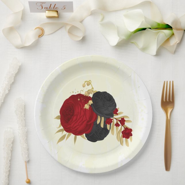 Prato De Papel vermelho escuro e flores pretas douradas (Casamento)
