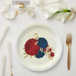 Prato De Papel Vermelho escuro romântico e flores azuis marinhos