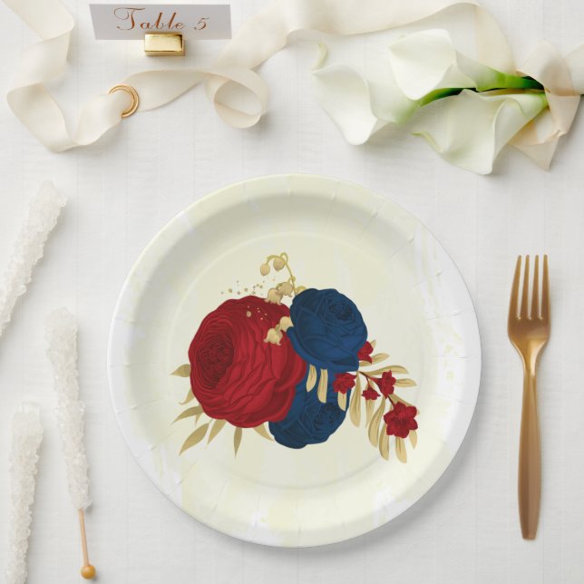 Prato De Papel Vermelho escuro romântico e flores azuis marinhos  (Casamento)