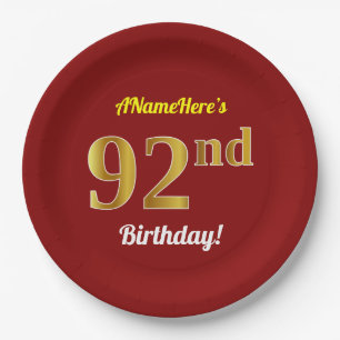 Prato De Papel Vermelho, Falso Dourado Aniversário de 92 anos + N