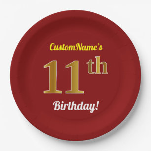Prato De Papel Vermelho, Faux Dourado 11 Birthday + nome personal