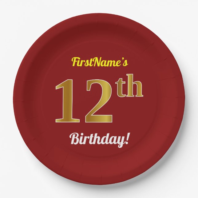Prato De Papel Vermelho, Faux Dourado 12 Birthday + nome personal (Frente)
