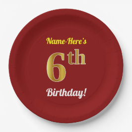 Prato De Papel Vermelho, Faux Dourado 6 Birthday + nome personali