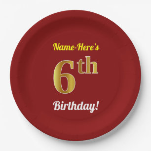 Prato De Papel Vermelho, Faux Dourado 6 Birthday + nome personali