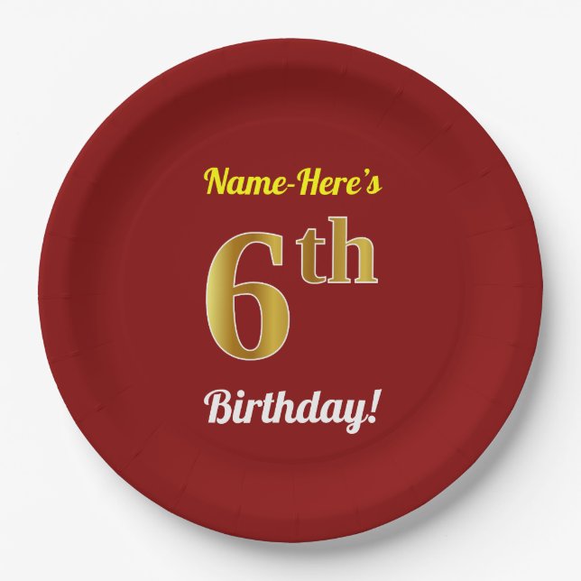 Prato De Papel Vermelho, Faux Dourado 6 Birthday + nome personali (Frente)