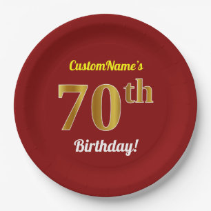 Prato De Papel Vermelho, Faux Dourado 70 Birthday + nome personal