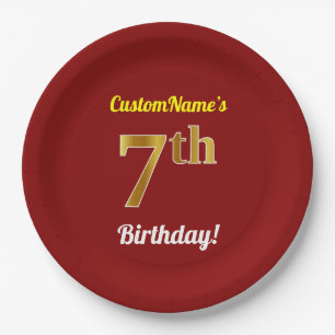 Prato De Papel Vermelho, Faux Dourado 7 Birthday + nome personali