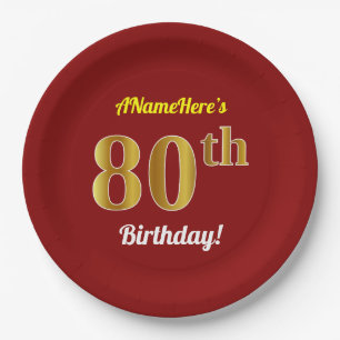 Prato De Papel Vermelho, Faux Dourado 80 Birthday + nome personal