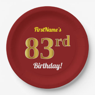 Prato De Papel Vermelho, Faux Dourado 83º Aniversário + Nome Pers