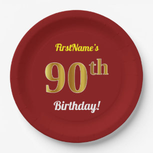 Prato De Papel Vermelho, Faux Dourado 90 Birthday + nome personal