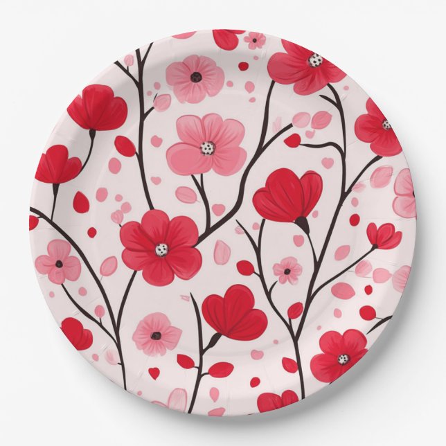 Prato De Papel Vermelho Floral Romântico (Frente)