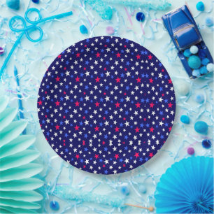 Prato De Papel Vermelho Ousado, Azul Patriótico e Estrelas Branca