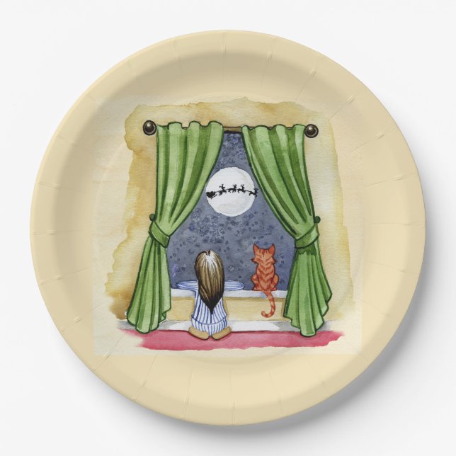 Prato De Papel Véspera de Natal Cama Cóta Criança e Gatinho (Frente)