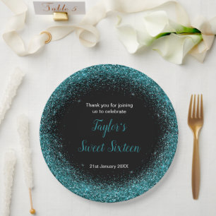 Prato De Papel Vestido Azul Teal Faux Glitter Sweet 16 Aniversári