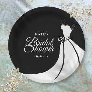 Prato De Papel Vestido Elegante Preto e Branco para Chá de Noiva