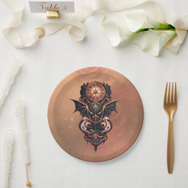 Prato De Papel Viagem de tempo místico com asas, relógio de galão (Casamento)